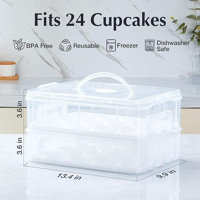 Gencywe Plastic Cupcake Carrier 24 Count, 2-Layer Cupcake Holder Carries with Lid & Handles, Cookie, Cake, Cupcake and Brownie Storage Carrier, Reusable Cupcake Box