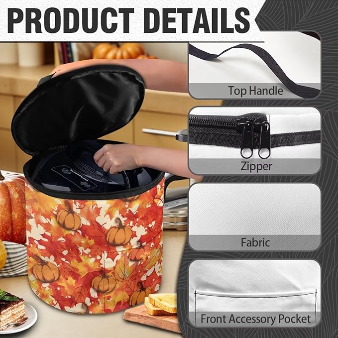 Fall Electric Pressure Cooker Insulation Bag Reinforced Zipper Closure Pressure Cooker Storage Top Padding Handle, Pumpkin Maple Leaf