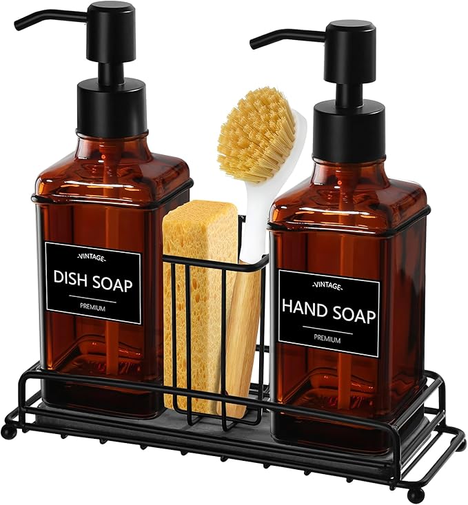 VIMERPA Dish Soap Dispenser, 10 fl oz Kitchen Hand and Dish Soap Dispenser with Adjustable Sponge Holder, Vintage Kitchen Set Amber