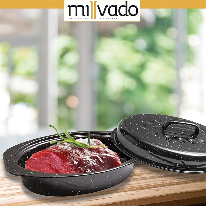 Millvado Roasting Pan With Lid, Turkey Roaster Pan, 13" Granite Oven Roaster Oval Shaped Speckled Enamel on Steel Cookware