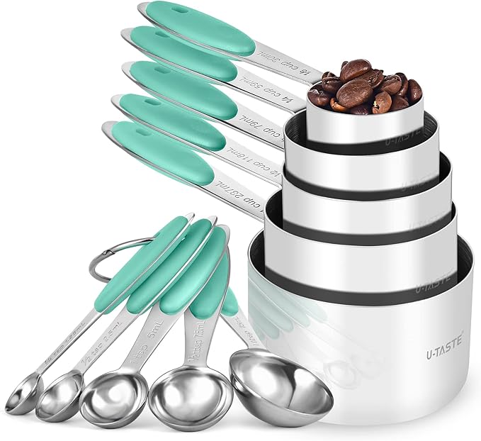 Measuring Cups and Spoons Set: U-Taste 18/8 Stainless Steel 10 Pieces Metal Stacking Kitchen Baking Cooking Food Measure Set 5 Cups 5 Spoons with Strengthened Weld Joints (Aqua Sky, Upgraded Version)