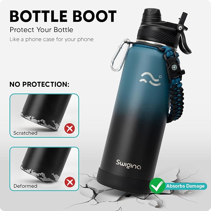 Swigina [2-IN-1 LID] Insulated Water Bottle with Silicone Boot (36hrs Cold/18hrs Hot) - DIY Stickers, Leakproof, BPA Free, 40 oz
