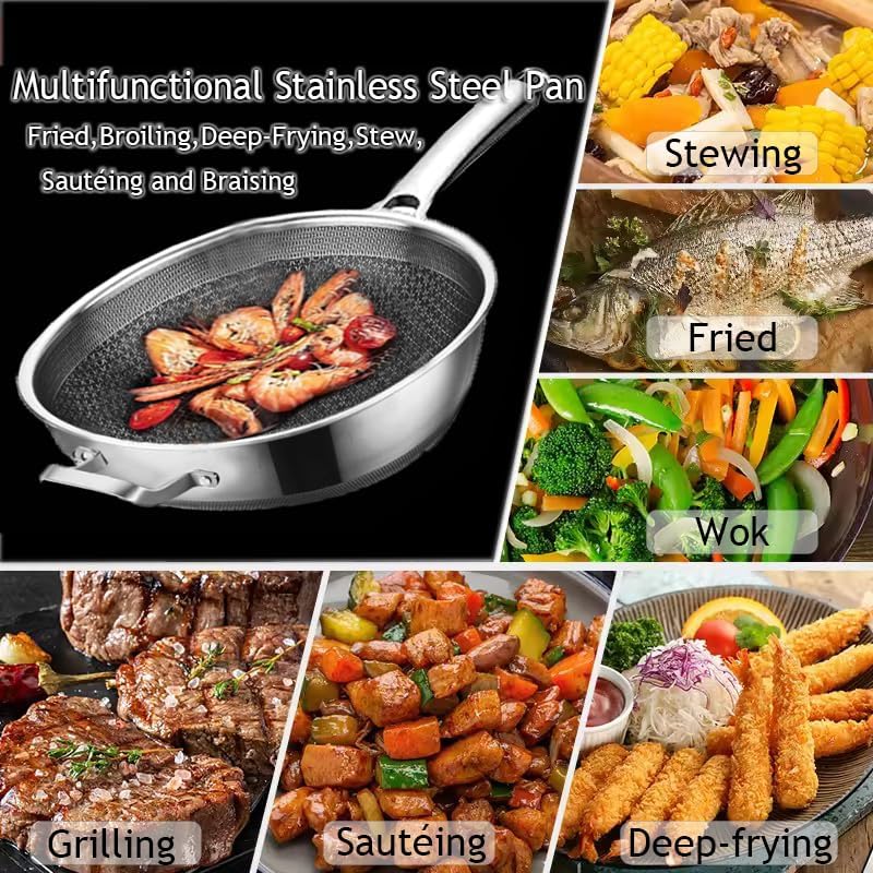 Wok Pan,Hybrid Nonstick 14 Inch Wok with Lid,Induction Non Stick Stainless Steel Large Deep Woks&Stir-Fry Pans,Stay-Cool Handle Skillets,PFOA Free Cookware