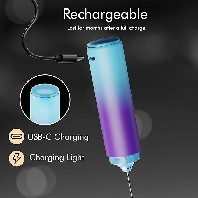 Rechargeable Milk Frother Handheld, 2-IN-1 Dual Spring Whisk Electric Frother Wand for Cappuccino Latte Macchiato, Portable Drink Mixer for Coffee, Matcha, Hot Chocolate