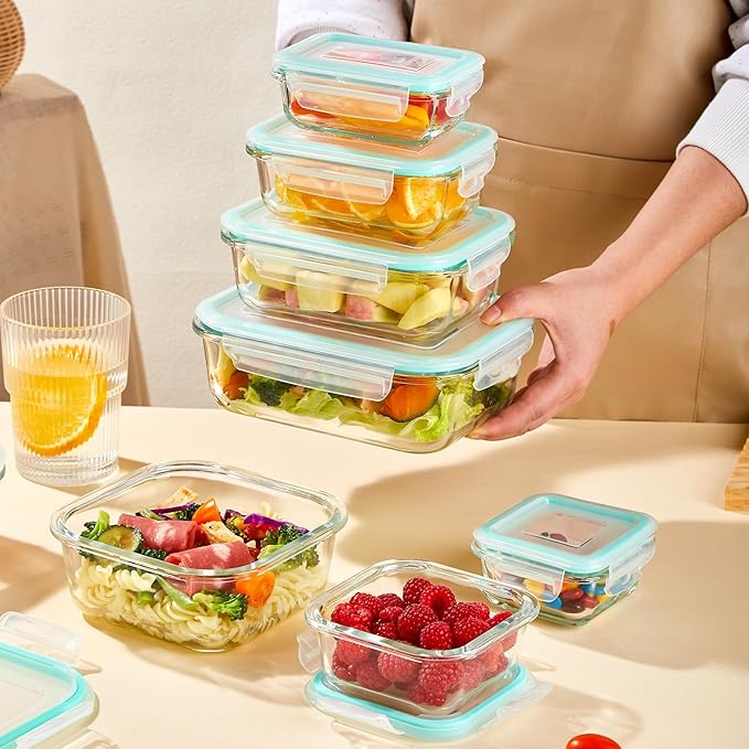 Liuruiyu 8 Pack Glass Food Storage Containers with Lids, Meal Prep Containers, Airtight Bento Boxes with Leak Proof Locking for Microwave, Oven, Freezer and Dishwasher, BPA Free（5oz to 36oz）