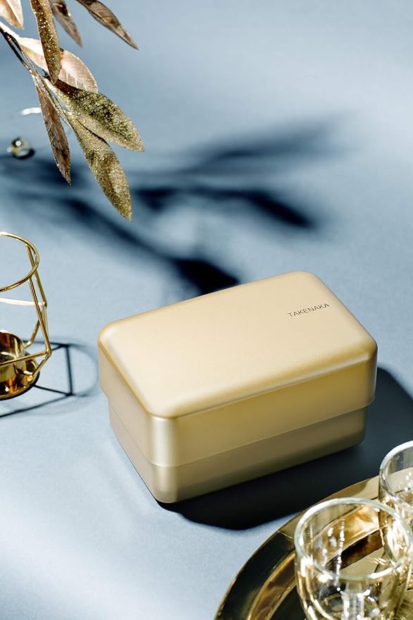 TAKENAKA Bento Nibble Box, Eco-Friendly Lunch Box Made in Japan, BPA and Reed Free, 100% Recycle Plastic Bottle Use, Microwave and Dishwasher Safe, Bento Box (Gold *Band: Orange)