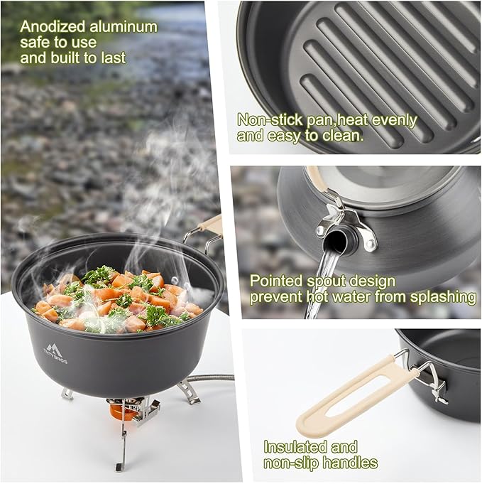 THTYBROS 17pcs Camping Cookware Kit, 0.45Gal Pot, 7inches Pan,0.30Gal Kettle Set with 2 Set Stainless Steel Cups Plates Forks Knives Spoons for Hiking