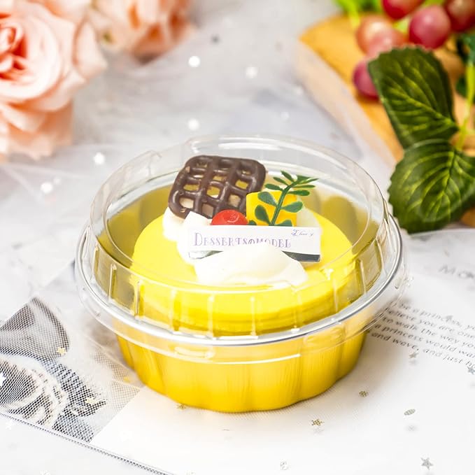 Tessco for you 100 Pcs Disposable Ramekins with Lids 8 oz Creme Brulee Ramekin Aluminum Foil Cup Cupcake Liner Baking Valentines Disposable Muffin Tin Pan Cheesecake Container (Yellow,Silver)