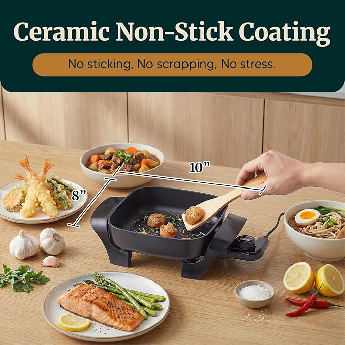 Elite Gourmet EG808 8” x 8" Non-stick Electric Skillet, Dishwasher Safe with Tempered Glass Vented Lid, Rapid Heat Up, 600W, Black