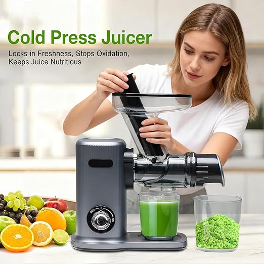HealSmart Cold Press Juicer, Slow Masticating Juicer with 5.91-Inch Extra Wide Feed Chute, High Juice Yield, Easy to Clean for Whole Fruits & Vegetables, BPA-Free Food Grade Materials, Charcoal