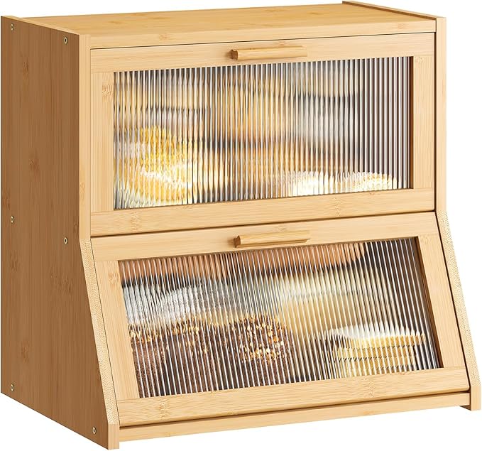 GHWIE Double Layer Bamboo Bread Box for Kitchen Counter,Large Capacity Bread Storage Bin,Bread Container with Acrylic Wavy Door Panel (Natural, Extra Large)