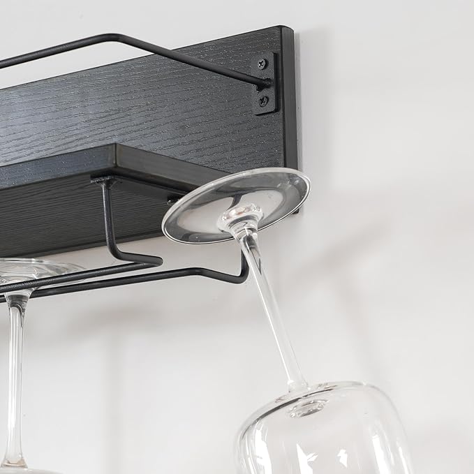 HOOBRO Wall Mounted Wine Rack 2 Pack, Wine Shelf Hanging Floating Wall Shelves, Wine Glass Bottle Rack Stemware Holder, for Living Room, Dining Room, Kitchen, Black BK28BJ01