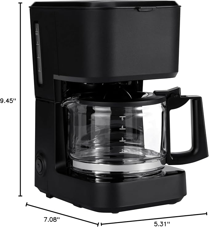 Amazon Basics 5 Cup Drip Coffee Maker with Glass Coffee Pot (0.8 Qt), Auto Shut-off, Auto Pause, Removable Filter Basket, Matte Black