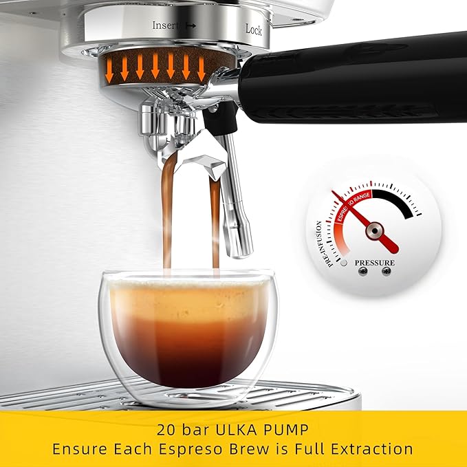 MAttinata CM1663 Espresso Machine, 20 Bar Compact Coffee Maker with Milk Frother Steam Wand for Cappuccino, Latte, Professional Pressure Gauge & 49oz Removable Water Tank for Home，Stainless Steel