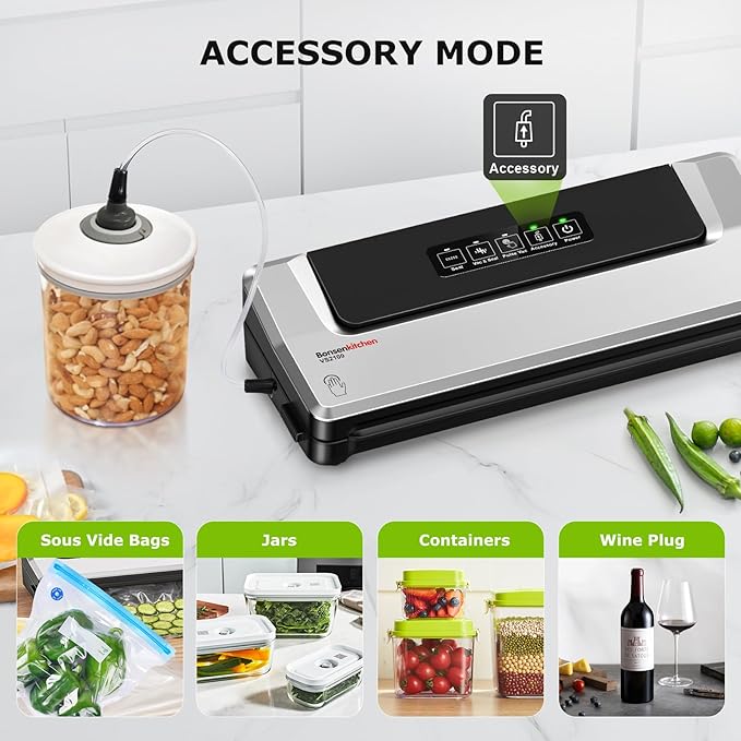 Bonsenkitchen Vacuum Sealer Machine with Mason Jar Sealer Kit | Compact Food Sealer for Kitchen Storage & Meal Prep | Multiple Modes | External Vacuum System & 40 Vacuum Bags, Silver