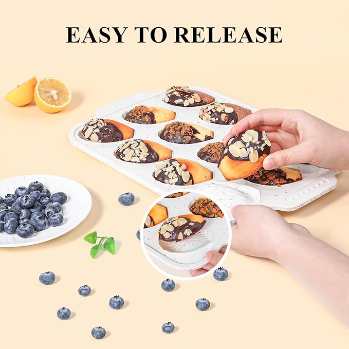 Vinino Silicone Madeleine Pan with Metal Reinforced Frame, 12-Cavity Shell Shape Madeleine Mold with Non-Slip Handle, Nonstick Madeleine Cookie Trays for Oven, BPA Free, Dishwasher Safe- Cream