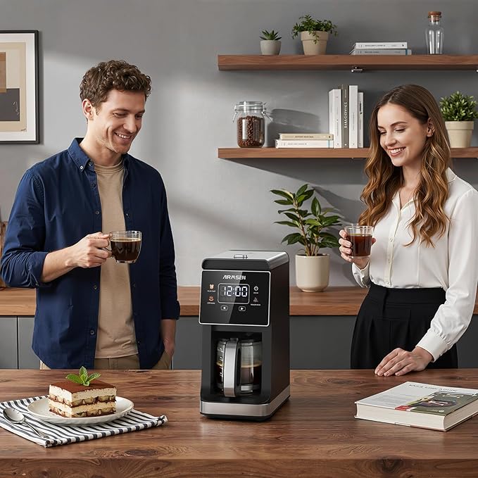 AIRMSEN Grind & Brew Coffee Maker with Built-in Grinder, Programmable Single Serve Coffee Maker - 5 Cup Capacity, 3 Grind Settings, Auto Keep Warm & Glass Carafe for Home and Office