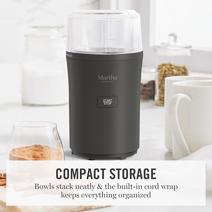 Martha Stewart Electric Coffee & Spice Grinder, Dual 2.5oz Removable Bowls, Storage Lids, Stainless Steel Blades, One Touch Pulse Control, 2-in-1 Compact, Beans & Spices, Herbs & Nuts, Caviar Gray
