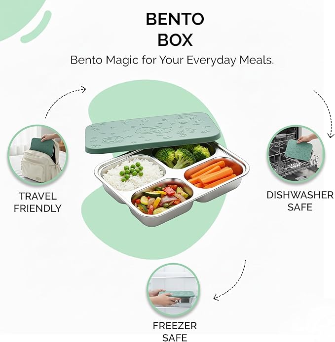 Stainless Steel Lunch Box for Kids 5 and Older – 3 Pieces Stainless Steel Bento Box with 4 Compartments & 2 Snack Containers – Leak Proof, BPA-Free, Eco-Friendly, Dishwasher Safe & Durable – Green