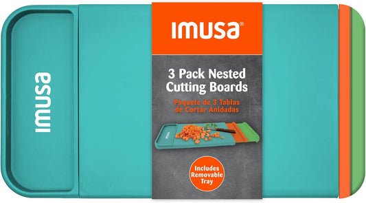 IMUSA Nesting Cutting Board Set with Removable Tray – 4 Piece 14" x 7.5" Plastic Cutting Boards for Kitchen, Color Coded Chopping Board Set, Dishwasher Safe, Easy to Clean, Food Prep Boards