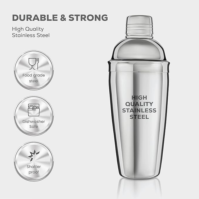 FineDine 10-Piece Cocktail Shaker Set with Travel Bag - Stainless Steel Shaker Set Bartender Kit - Mixology Bartender Kit - Strainer, Muddler, Jigger, Bar Spoon, Bottle Opener, Pour Spouts - Bar Set