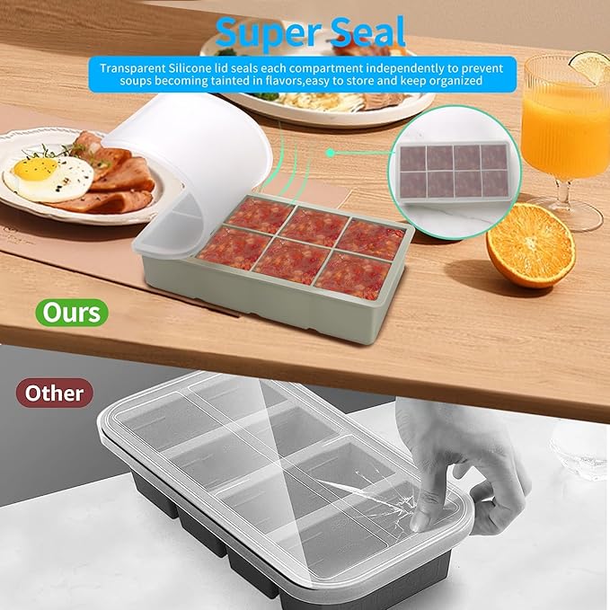 1/2 Cup Silicone Freezer Tray With Lid - Silicone Freezer Molds 2-Pack For meal prep & freezing of various sauces and other dishes, makes 16 perfect 1/2 cup portions cubes（Green 2 Pack）