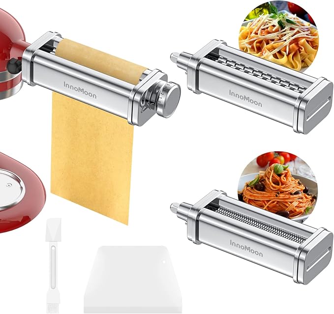 Pasta Maker Attachment for KitchenAid Stand Mixers, Stainless Steel for Kitchen aid Pasta Attachment Includes Pasta Sheet Roller, Spaghetti & Fettuccine, Dough Scraper Pasta Attachment by InnoMoon