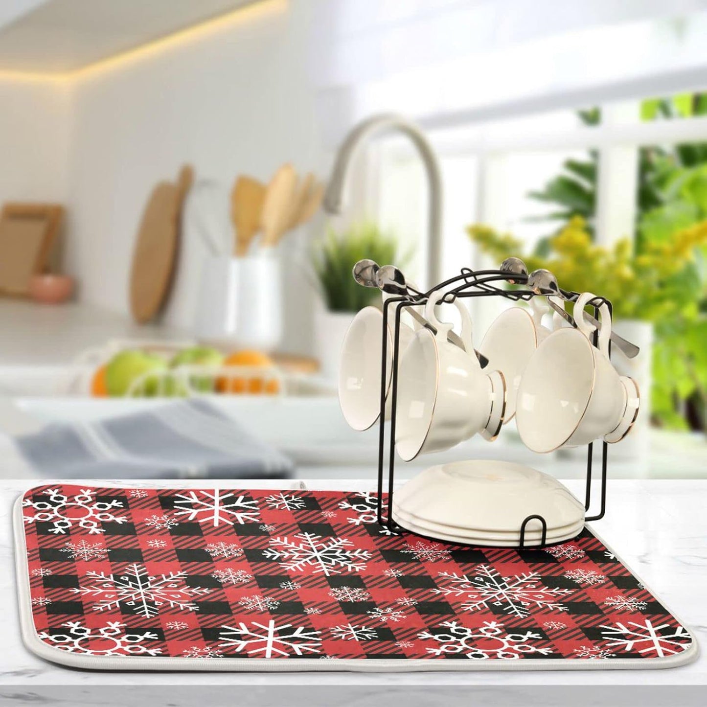 Snowflake Buffalo Plaid Dish Drying Mat for Kitchen Counter Christmas Absorbent Microfiber Drying Pad, Medium 16x18 in, Reversible Drainer Mats