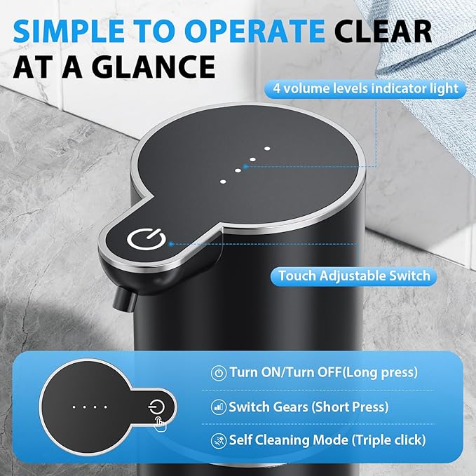 Fantictas Automatic Soap Dispenser Touchless Automatic Foam Soap Dispenser 380ML 4 Adjustable Levels 1200mAh Soap Dispensing Wall Mount for Kitchen and Bathroom,Black