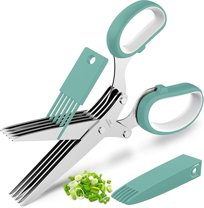 Updated 2025 Herb Scissors Set - Cool Kitchen Gadgets for Cutting Fresh Garden Herbs - Herb Cutter Shears with 5 Blades and Cover, Sharp and Anti-rust Stainless Steel, Dishwasher Safe (Blue-White)