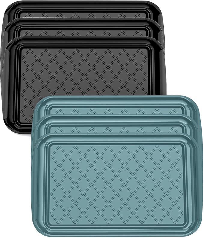 Serving Trays for Party - Set of 6, Large Serving Platters for Raw and Cooked Food, Dishwasher Safe, 17×10.5-inch Stackable Plastic Party Supplies for Grilling, BBQ, Meal Prep (Green, Black)