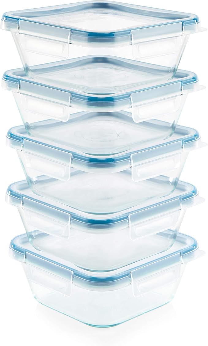 Snapware Glass Total Solutions (5-Pack, 4 Cup) Food Storage Containers Set, Airtight & Leakproof Plastic Locking BPA-Free Lids, Freezer Dishwasher Microwave Safe