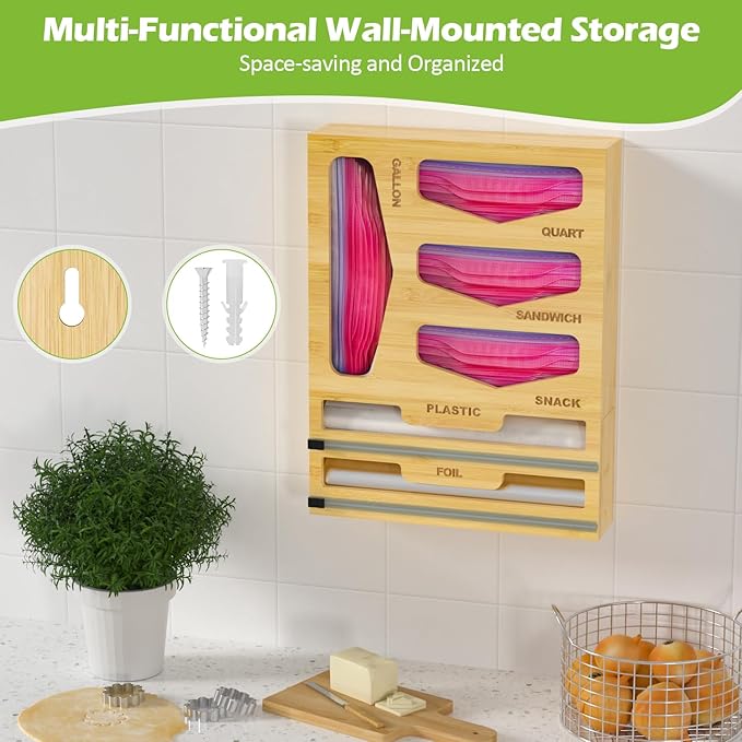 6 in 1 Bag Organizer and Wrap Dispenser with Magnetic Lid - Plastic Wrap Dispenser with Cutter for Kitchen Drawer, Storage for Gallon, Quart, Sandwich, Snack Bags, and Foil Beige