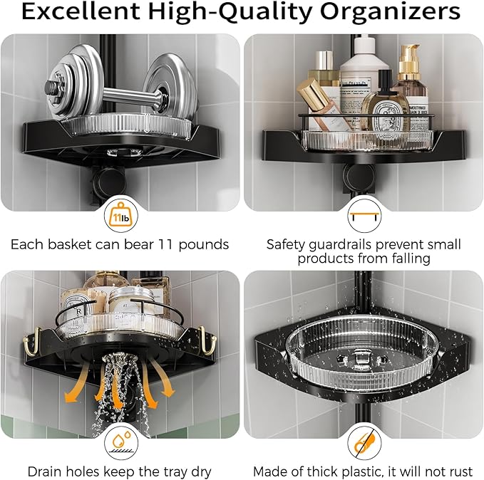 shuang qing 360° Rotating Corner Shower Caddy Tension Pole Organizer - 4-Tier Adjustable Rustproof Metal Pole, Plastic Shelves with Safety Guardrail, Bathroom Storage for Shower & Bathtub(Black)