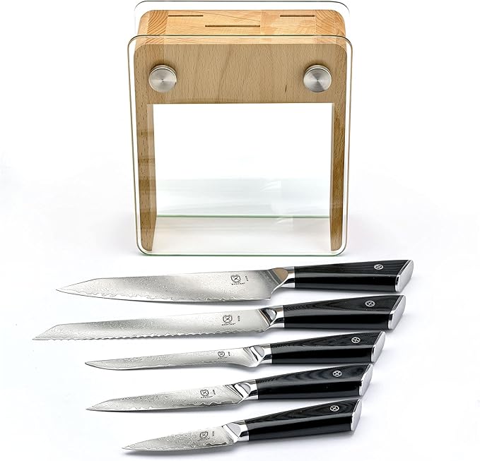 Mercer Culinary Premium Grade Super Steel 6-Piece Knife Set with Glass/Wood Block Stand, G10 Handles