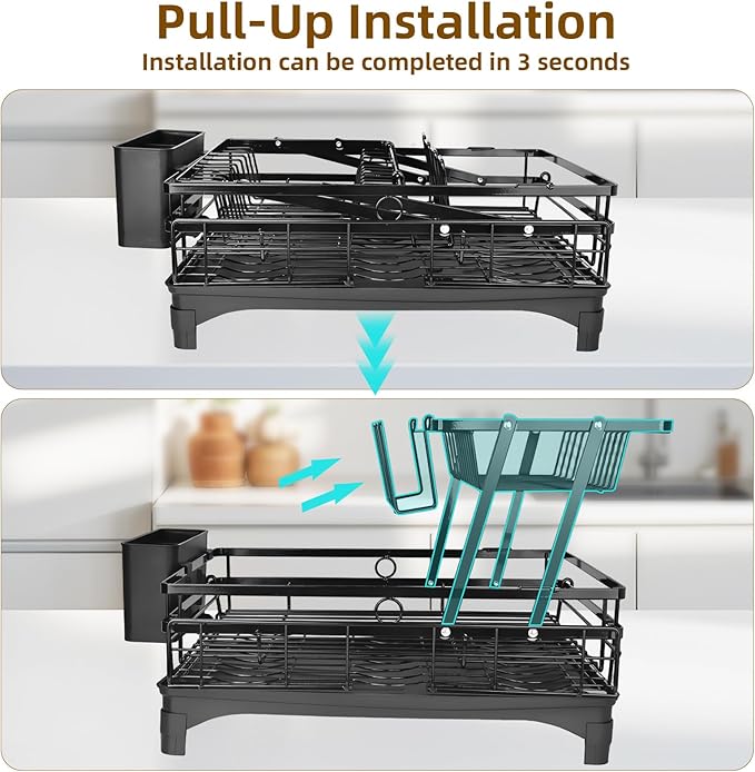 AULEEP 2 Tier Dish Drying Rack, 2-in-1 Expandable Dish Racks for Kitchen Counter, Anti-Rust Large Drainers for Kitchen Sink with Drying Mat, Cups Holder, Utensil Holder