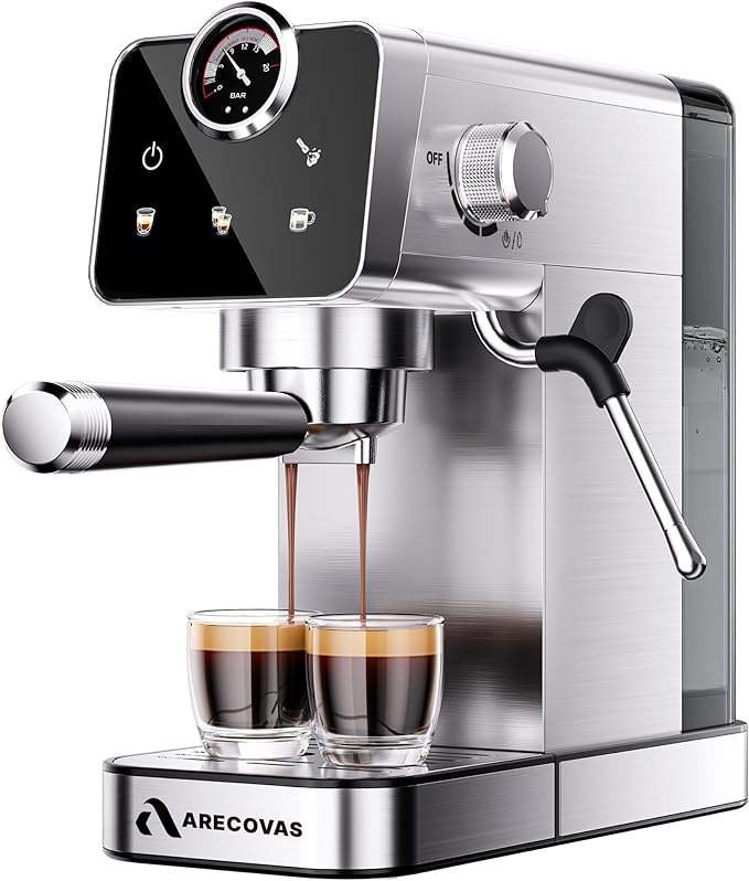Arecovas Espresso Machine with Milk Frother, 20 Bar Compact Coffee Machine with Touch Screen & 41oz Water Tank for Home Use, Stainless Steel Espresso Coffee Maker for Americano, Cappuccino, Latte