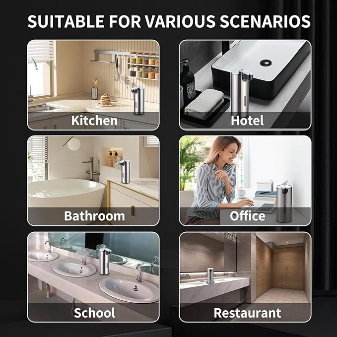 Automatic Soap Dispenser, Automatic Soap Dispenser Touchless, Kitchen & Bathroom, 3 Adjustable Volume for Liquid Soap, Water-Resistant, Hotel, Restaurant and School, Clog-Free, Stainless Steel