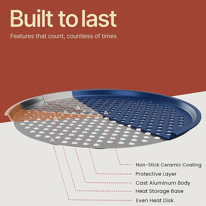 Bakken Pizza Baking Pan - Round Perforated Carbon Steel Pan with Non-Stick Marble Coating, Oversized Silicone Handle, Dishwasher Safe, High-Temperature Resistant, Durable & Easy Cleanup - Blue, 1 Tray