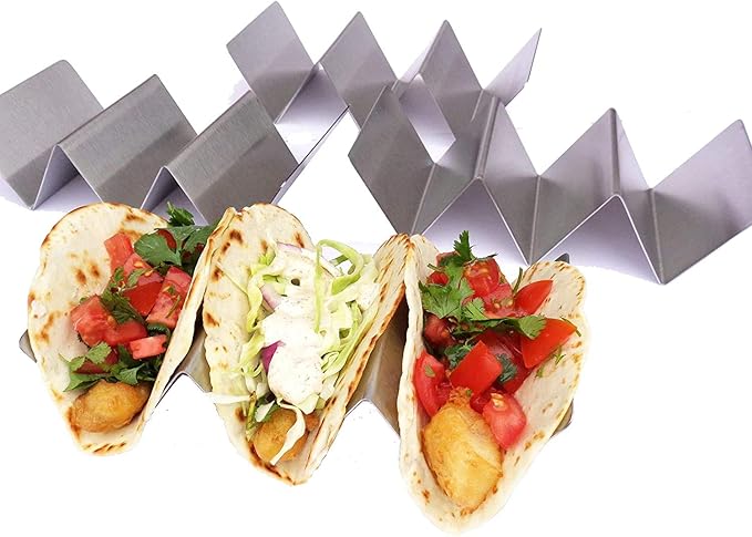 Set of 16 Metal Taco Holders - Stainless Steel Taco Trays- Dishwasher, Oven, and Grill Safe - Great for Sandwiches and Hotdogs too (16)