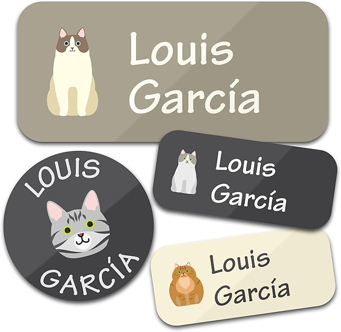 Personalized Daycare Name Labels for Kids (130 Labels) - Custom Waterproof Name Stickers for Clothing Tags, Water Bottles, Lunch Boxes and School Supplies (Cats)