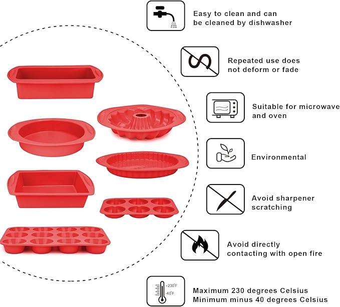 9-in-1 Nonstick Silicone Baking Pan Set, Fluted Cake Muffin Loaf Bread Pizza Cupcake Mold Tray, Heat Resistant Bakeware Utensils Kit