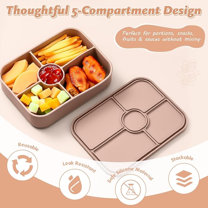 Jingmore 4 Pack Silicone Bento Boxes for Adults, 5 Compartment Reusable Lunch Containers with Sauce Section, Leakproof Meal Prep Snack Box Microwave & Dishwasher Safe for Office(Khaki)