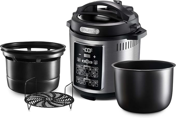 Gourmia GPA2060 One-Lid Pressure Cooker + Air Fryer With 15 One-Touch Cooking Functions - 6-Quart Nonstick Cooking Pot, Air Fry Basket, Multi-purpose Rack, Measuring Cup