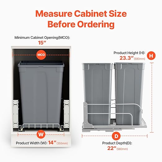 VEVOR Pull-Out Trash Can, 50 QT x2 Double Under Mount Kitchen Waste Container, Heavy Duty Garbage Recycling Bin with Door Kit and Soft Close Slide, for Kitchen Cabinet, Sink, Under Counter (Grey)