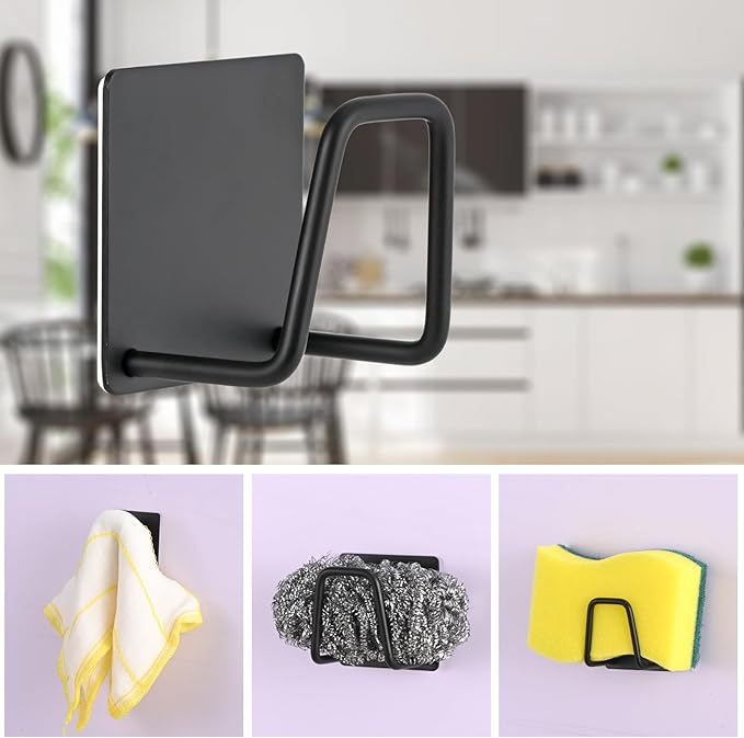Adhesive Sponge Holder for Kitchen Sink, SUS304 Stainless Steel Scrubber Hanger Sink Caddy Accessories Storage Drain Rack Stand for Scratch Scrub Dishcloth Dishrag Steel Wool Strainer Stopper