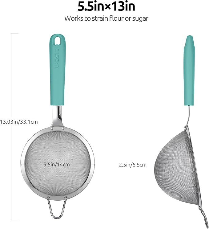 U-Taste 10 Piece Measuring Cups and Spoons Set in 18/8 Stainless Steel, and 18/8 Stainless Steel 5.5 inch 30 Mesh Strainer (Aqua Sky)