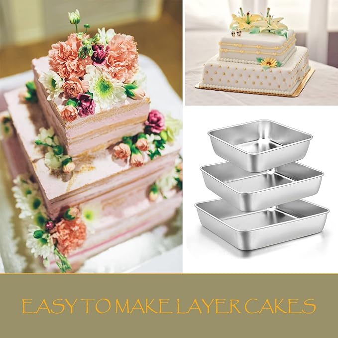6/8/9-Inch Square Cake Pan Set, E-far Stainless Steel Square Baking Brownie Pans Metal Bakeware Set of 3, Non-toxic & Healthy, Easy Clean & Dishwasher Safe