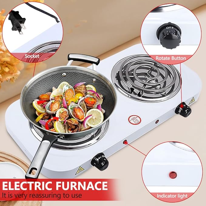 Electric Countertop Burner, Double Burner, 2000W Induction Cooktop, Portable Electric Hot Plate, 5 Level Adjustable Temperature Control Cooking Ranges for Home Dorm Camping Cooking(White Coil)