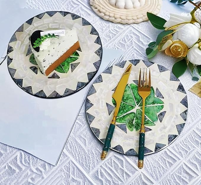 12 Inch Mother of Pearl Shell Placemat Plate – Large Round Decorative Heat for Table or Kitchen, Cabinet, Tabletop (Toothed Green Leaves, 12 Inch)